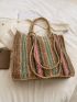 Colorblock Straw Bag Large Capacity Double Handle For Vacation