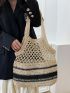 Two Tone Straw Bag Hollow Out Vacation