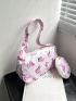 Butterfly Pattern Hobo Bag Baby Pink Fashionable Top Handle With Coin Purse