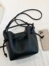 Litchi Embossed Bucket Bag With Inner Pouch Elegant Black Drawstring PU