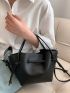 Litchi Embossed Bucket Bag With Inner Pouch Elegant Black Drawstring PU
