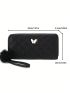 Butterfly Decor Long Wallet With Pompom Charm Fashionable Argyle Quilted PU