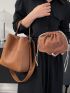 Brown Bucket Bag Elegant Litchi Embossed Top Handle PU