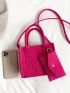 Mini Square Bag With Coin Purse Heart Embossed Neon Pink