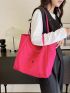 Neon Pink Letter Patch Decor Shopper Bag, Large Capacity Tote Bag For Work And Travel