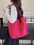 Neon Pink Letter Patch Decor Shopper Bag, Large Capacity Tote Bag For Work And Travel