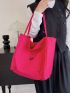 Neon Pink Letter Patch Decor Shopper Bag, Large Capacity Tote Bag For Work And Travel