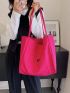 Neon Pink Letter Patch Decor Shopper Bag, Large Capacity Tote Bag For Work And Travel