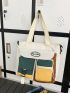 Colorblock Shoulder Tote Bag Pocket Front Release Buckle Decor With Bag Charm For Daily