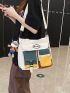 Colorblock Shoulder Tote Bag Pocket Front Release Buckle Decor With Bag Charm For Daily