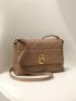 Genuine Leather Medium Square Bag Brown Quilted Flap For Work