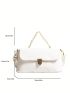 White Square Bag Fashionable Metal Lock Faux Pearl Decor Flap PU