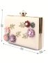 Mini Box Bag Fashionable Faux Pearl & Flower Decor Chain PU For Party
