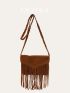 Brown Envelope Bag Fashionable Fringe Trim Flap PU