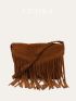 Brown Envelope Bag Fashionable Fringe Trim Flap PU