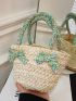 Ditsy Floral Pattern Straw Bag Bow Decor No-closure Double Handle Vacation