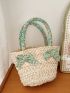 Ditsy Floral Pattern Straw Bag Bow Decor No-closure Double Handle Vacation