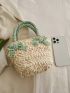 Ditsy Floral Pattern Straw Bag Bow Decor No-closure Double Handle Vacation