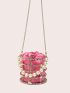 Mini Box Bag Rhinestone & Faux Pearl Decor Satin Drawstring Design