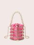 Mini Box Bag Rhinestone & Faux Pearl Decor Satin Drawstring Design