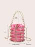 Mini Box Bag Rhinestone & Faux Pearl Decor Satin Drawstring Design