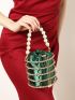 Mini Box Bag Rhinestone & Faux Pearl Decor Satin Drawstring Design