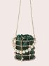 Mini Box Bag Rhinestone & Faux Pearl Decor Satin Drawstring Design