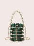 Mini Box Bag Rhinestone & Faux Pearl Decor Satin Drawstring Design