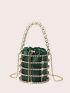 Mini Box Bag Rhinestone & Faux Pearl Decor Satin Drawstring Design