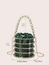 Mini Box Bag Rhinestone & Faux Pearl Decor Satin Drawstring Design