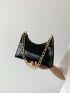 Small Baguette Bag Black Geometric Embossed Zipper Chain PU