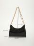 Small Baguette Bag Black Geometric Embossed Zipper Chain PU