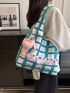 Letter Graphic Shopper Bag Plaid Pattern