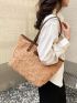 Letter Patch Decor Shoulder Tote Bag Raw Hem Detail Contrast Binding