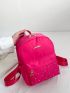 Small Classic Backpack Quilted Pattern Studded Decor Neon Pink Funky