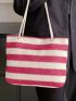 Striped Pattern Straw Bag Double Handle Vacation Beach Bag