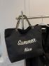 Letter Embroidered Shopper Bag Large Capacity Black