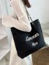 Letter Embroidered Shopper Bag Large Capacity Black