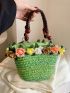 Flower Decor Straw Bag Medium Double Handle Vacation