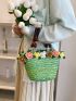 Flower Decor Straw Bag Medium Double Handle Vacation