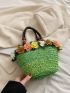 Flower Decor Straw Bag Medium Double Handle Vacation