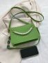 Faux Pearl Beaded Square Bag Letter Graphic Green