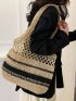 Striped Pattern Straw Bag Small Hollow Out Design Vacation