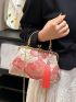 Flower Embroidered Square Bag Kiss Lock Tassel Decor