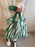 Zebra Striped Crochet Bag Large Capacity Double Handle For Shopping