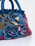 Random Color Flower Decor Zipper Handbag, Fashion Double Handle Purse, Casual Flower Design Bag For Shopping & Travel Random Pattern