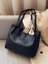 Letter Patch Shoulder Tote Bag Black Twilly Scarf Decor Double Handle For Work