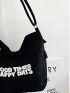 Letter Pattern Hobo Bag Black Large Capacity Adjustable Strap For Daily