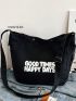 Letter Pattern Hobo Bag Black Large Capacity Adjustable Strap For Daily