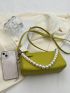 Small Crossbody Bag Funky Neon-green Faux Pearl Decor Zipper PU